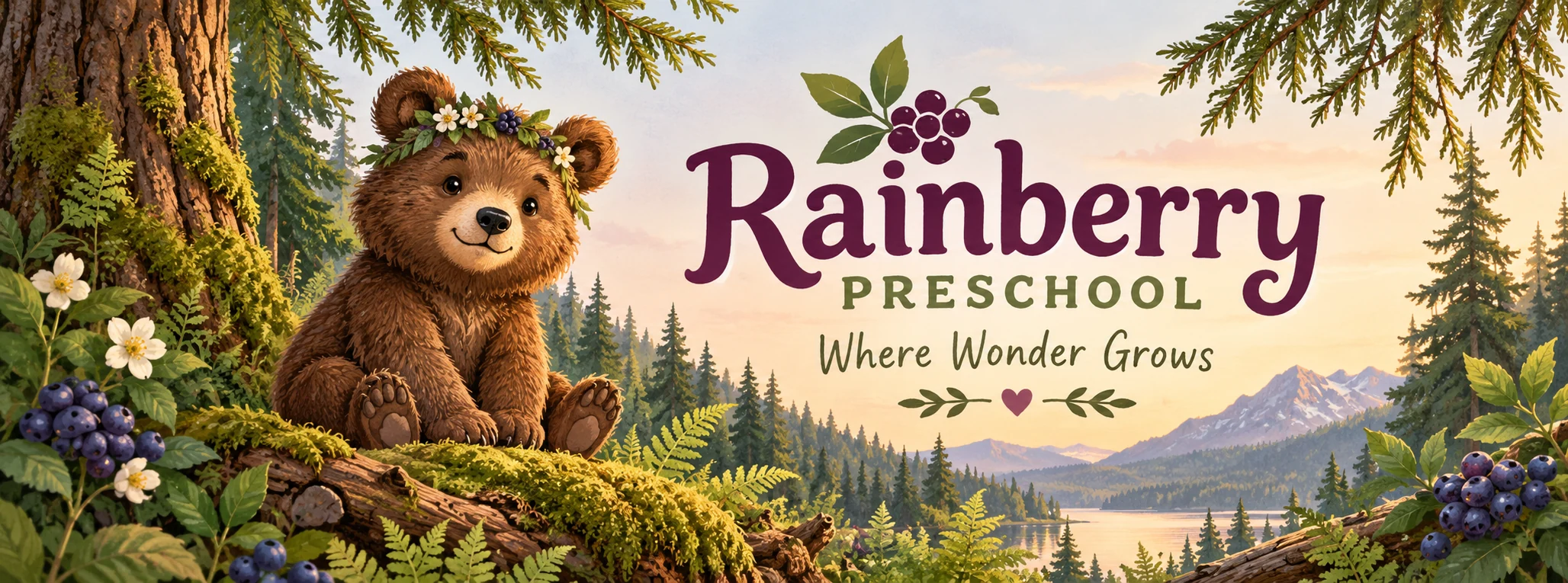 Rainberry Preschool’s woodland banner, featuring its crowned bear mascot, berry patches, and the words ‘Where Wonder Grows.’